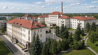 Kauno klinikų komplekso istoriniai balti korpusai su raudonais stogais, želdynais ir aukštu kaminu Eivenių gatvės teritorijoje