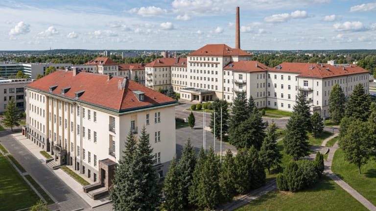 Kauno klinikų komplekso istoriniai balti korpusai su raudonais stogais, želdynais ir aukštu kaminu Eivenių gatvės teritorijoje