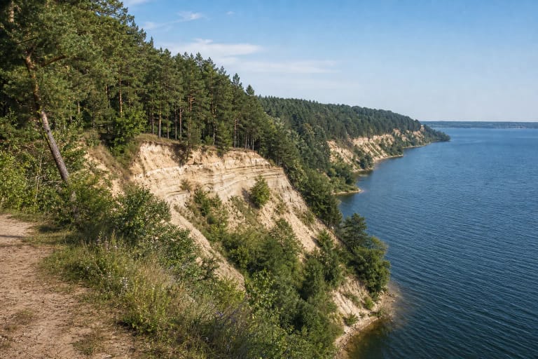 Light-colored cliffs of Kauno Marios Regional Park above reservoir water