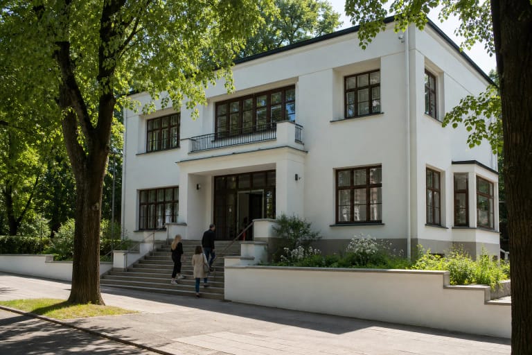 Baltas modernistinis Kauno menininkų namų pastatas tarp brandžių medžių V. Putvinskio gatvėje