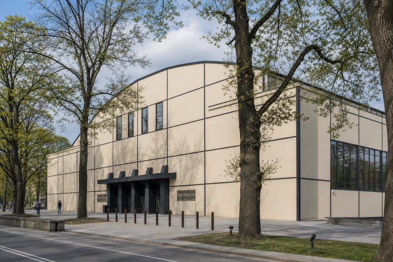 Kauno sporto halės restauruotas šviesus fasadas su tamsių plieninių linijų tinklu tarp Ąžuolyno medžių