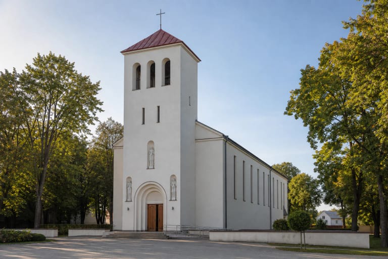 Pale Kaunas Church of St Anthony of Padua with a red-roofed tower, arched belfry, facade statues, and trees