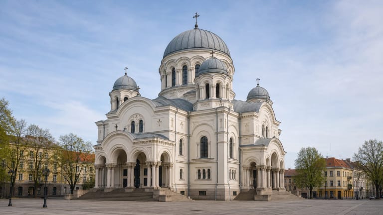 Kauno Šv. arkangelo Mykolo Įgulos bažnyčios šviesus neobizantinis fasadas su penkiais pilkais kupolais, arkiniais portikais ir plačia Nepriklausomybės aikšte