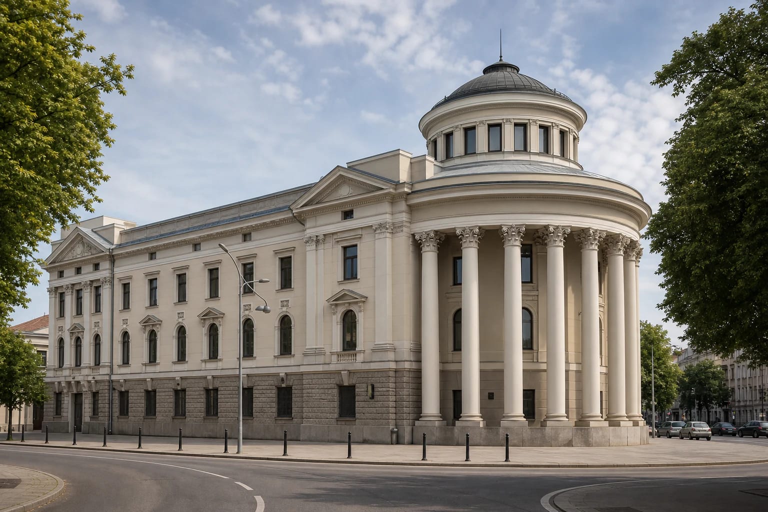 Light facade of Kaunas State Philharmonic with semicircular column portico, rusticated base, and small domed tower