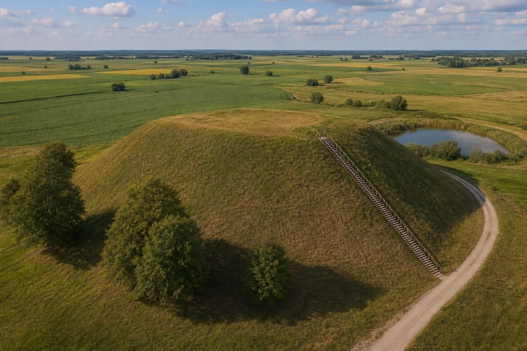 Žalias Kaupiškių piliakalnis su mediniais laiptais tarp banguotų Sūduvos laukų