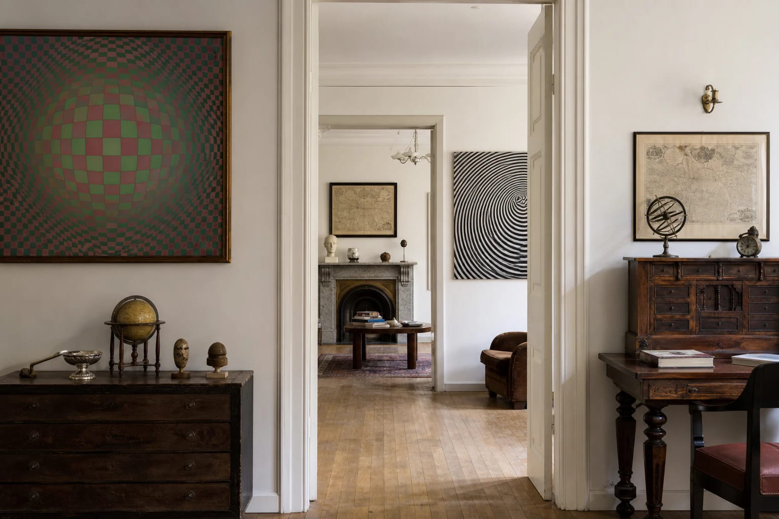 Room of the Kazys Varnelis House-Museum with optical art paintings and collection objects