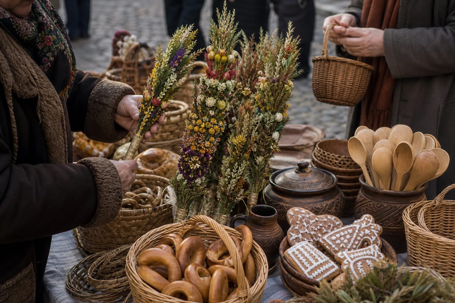 Kaziukas Fair verbos, wickerwork, and wooden spoons on a stall