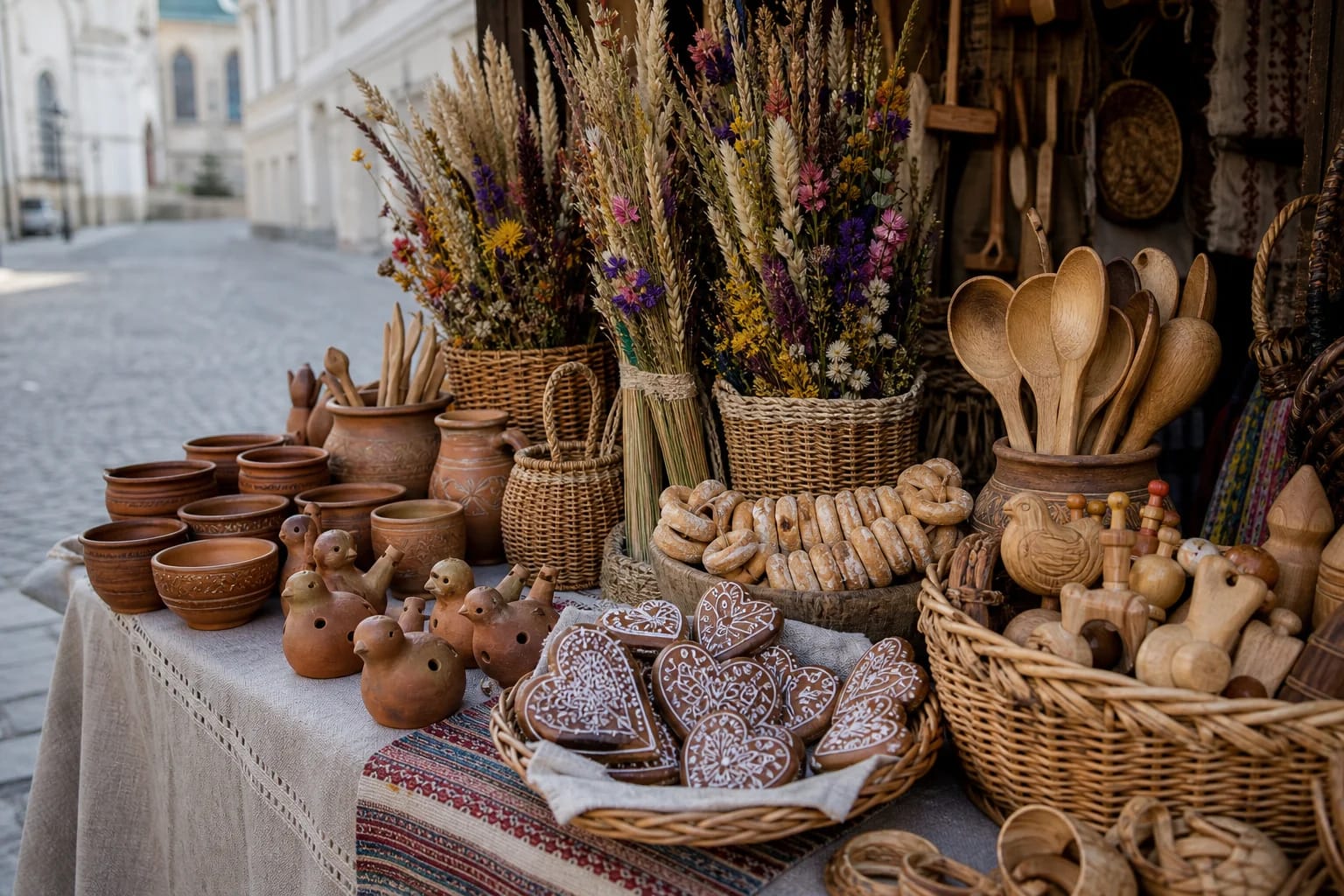 A Kaziukas Fair table with Vilnius verbos, pottery, wickerwork, wooden spoons, bagels, and gingerbread
