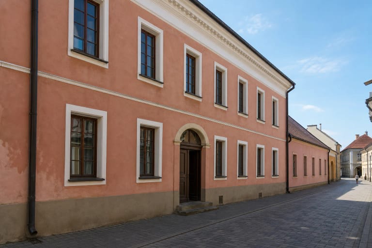 Kėdainių krašto muziejaus rausvas buvusio karmelitų vienuolyno fasadas siauroje Didžiojoje gatvėje
