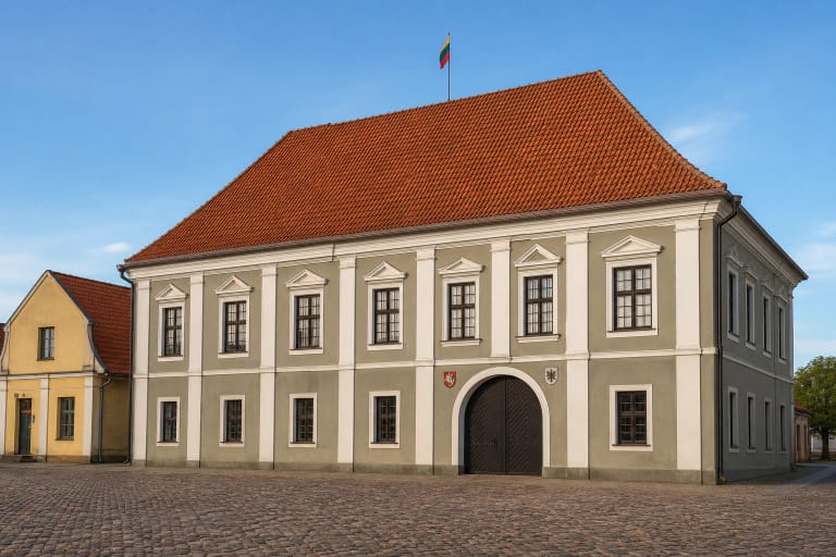 Kėdainių rotušės pilkai žalsvas fasadas su baltais apvadais, arkos vartais ir aukštu raudonų čerpių stogu Didžiosios Rinkos aikštėje