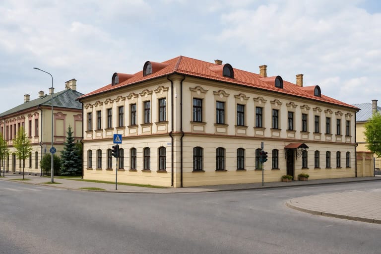 Istorinis dviaukštis Kėdainių Šviesiosios gimnazijos fasadas Didžiosios ir Josvainių gatvių kampe
