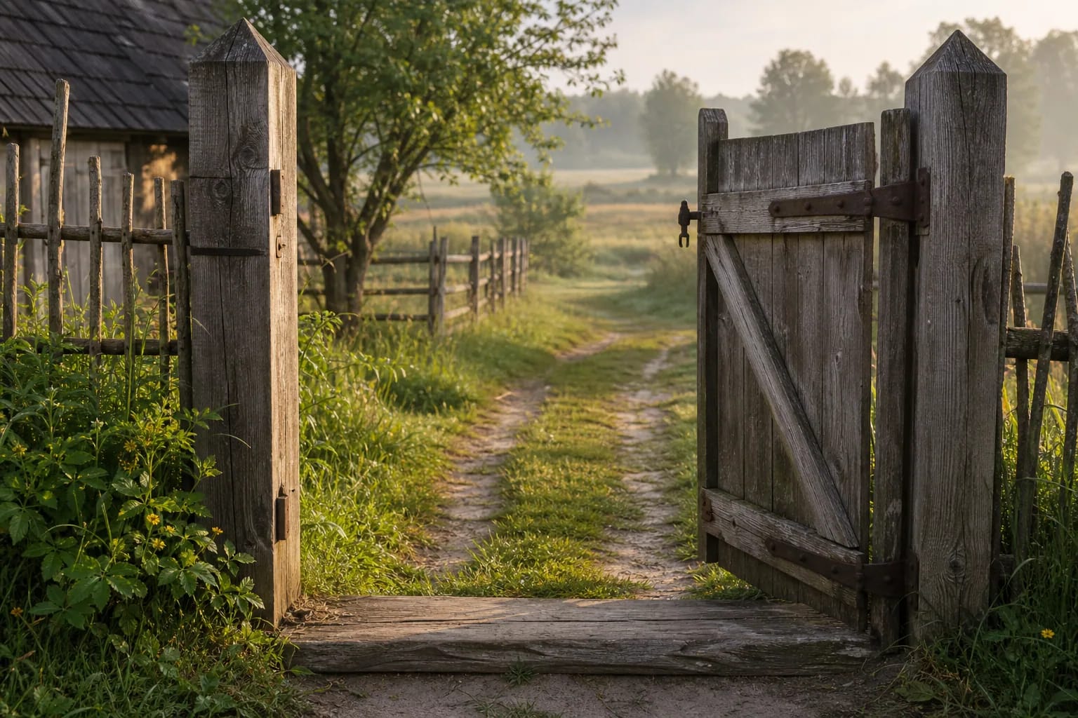 Open wooden gate, threshold, and village path leading from homestead to fields.
