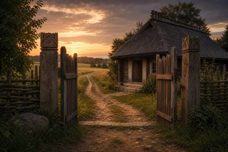 The gate and threshold of a Lithuanian homestead beside a road as a symbol of passage
