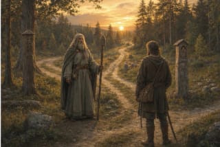The God of Roads in Lithuanian mythology by a forest crossroads and an old road