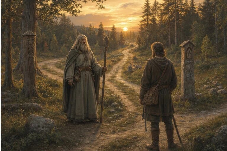 The God of Roads in Lithuanian mythology by a forest crossroads and an old road