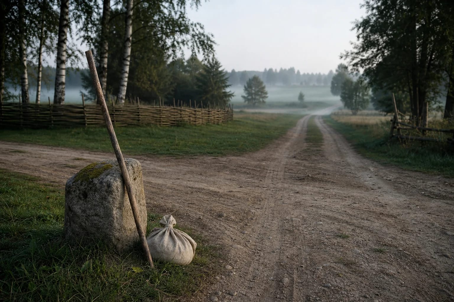 A village crossroads, travel bundle, and road for Kelių Dievas