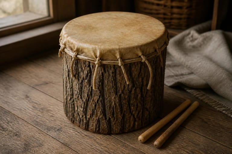 A kelmas drum made from a tree trunk with skin as a Žemaitija Lithuanian folk percussion instrument