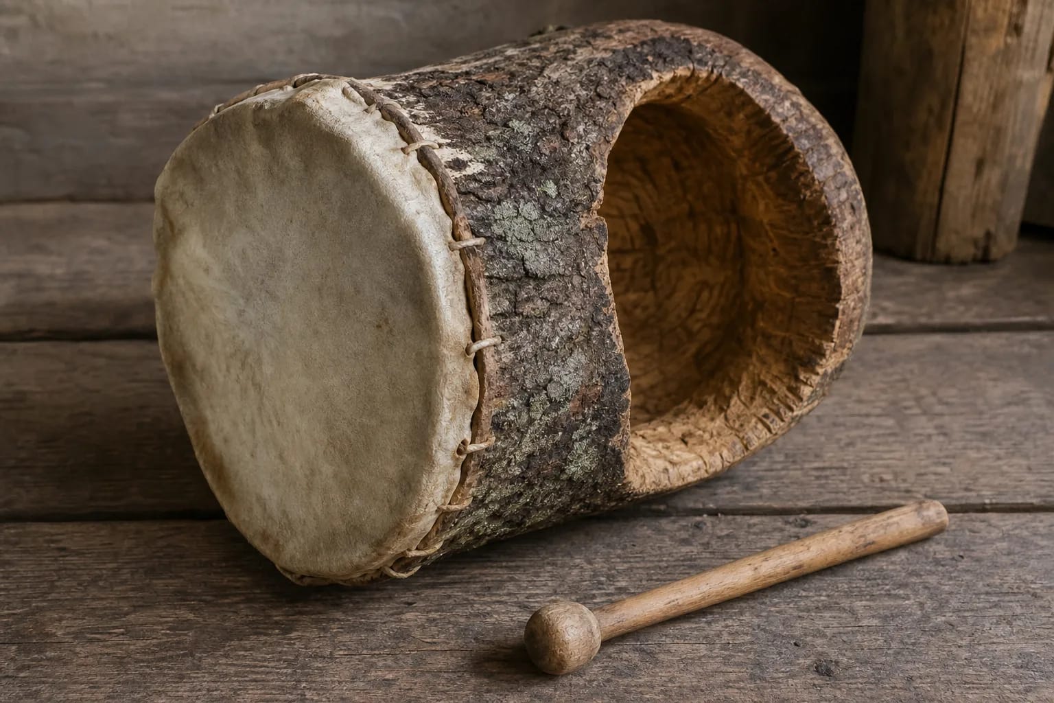 A hollowed kelmas drum with hide and wooden beater