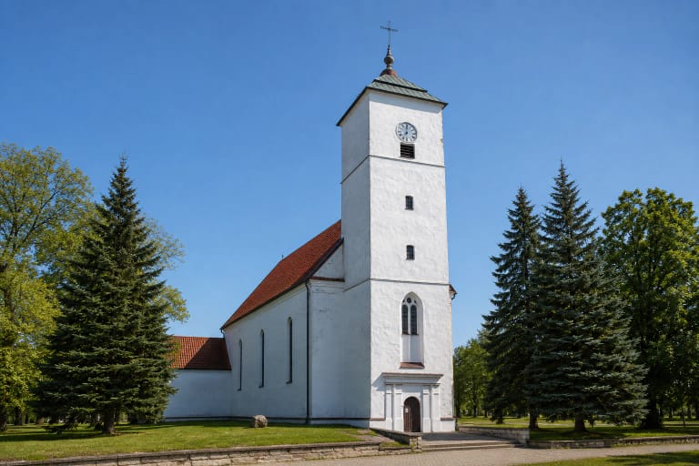 Balta Kelmės evangelikų reformatų bažnyčia su aukštu kvadratiniu laikrodžio bokštu, raudonų čerpių stogu ir brandžiomis eglėmis