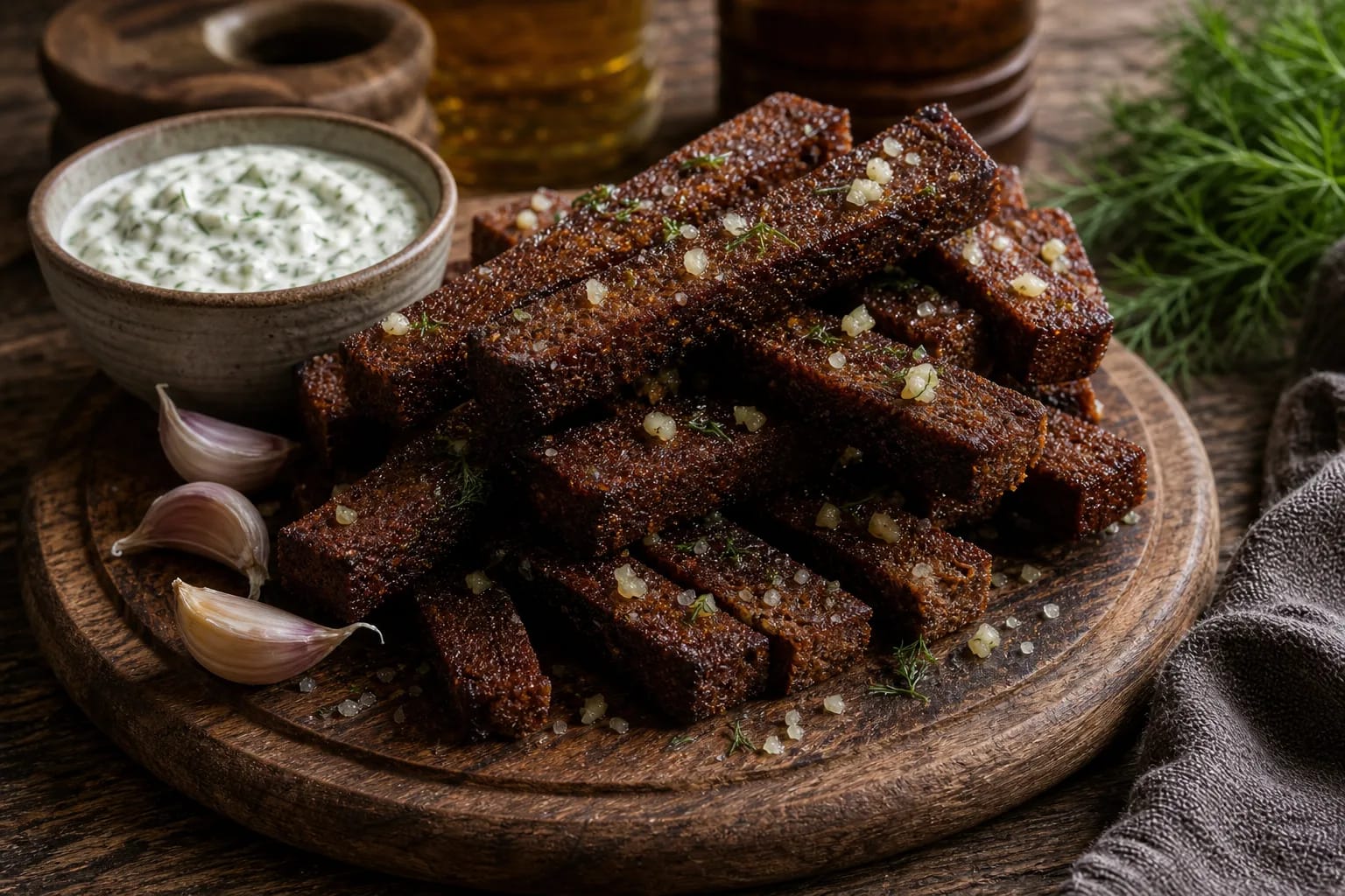 Fried black rye bread with garlic, cheese sauce, and dill on a wooden board