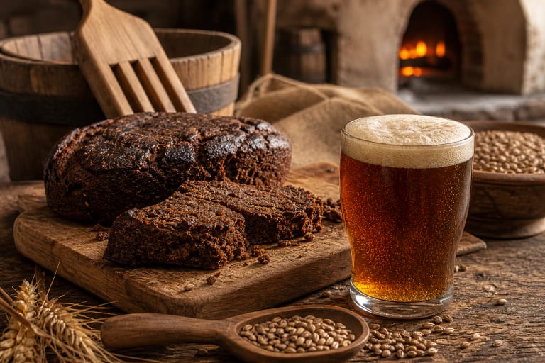 Malt loaves baking in a rustic oven, with a wooden tub, hops, and a glass of dark beer nearby