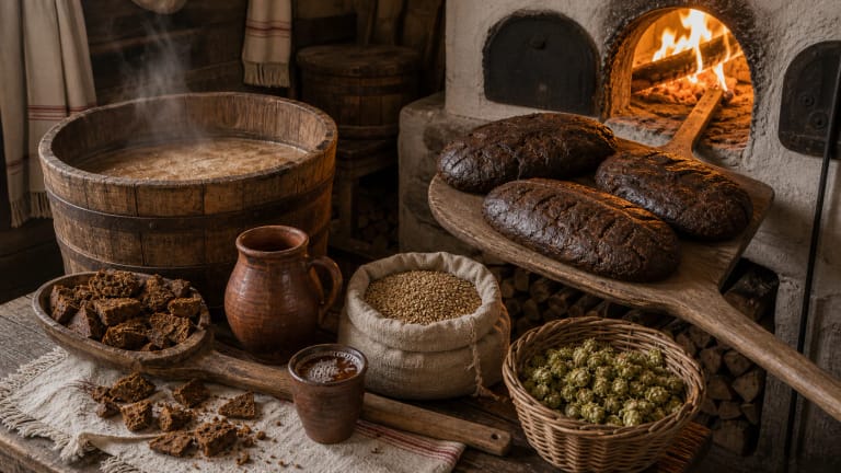 Making baked beer with malt loaves baked in a bread oven, wooden tub, hops, and barley malt