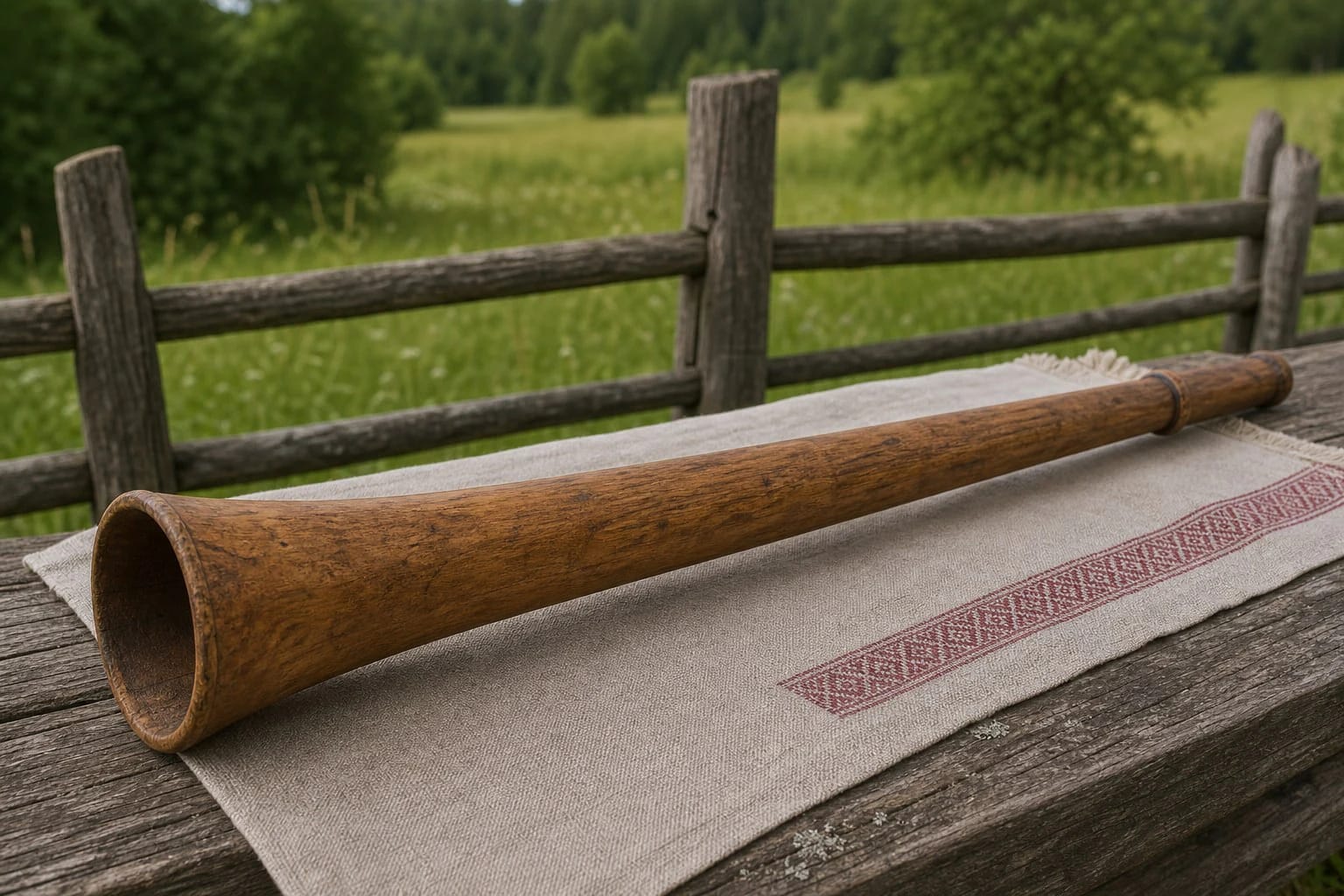 Kerdžiaus trimitas by a field fence as a Lithuanian shepherd signal instrument