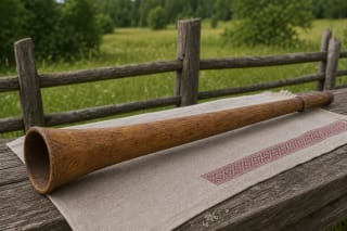 Kerdžiaus trimitas by a field fence as a Lithuanian shepherd signal instrument