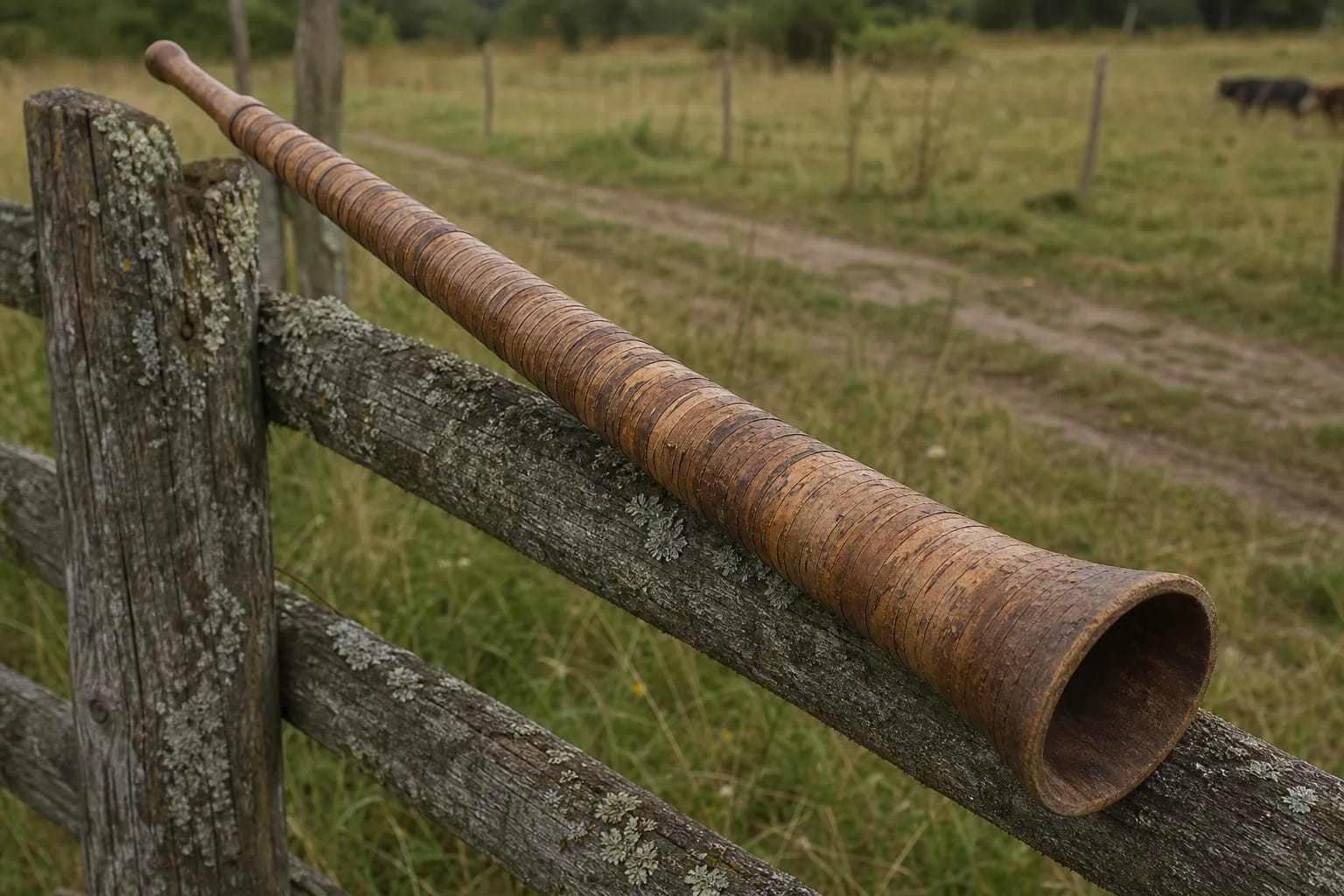 A shepherd trumpet wooden tube wrapped with birch bark