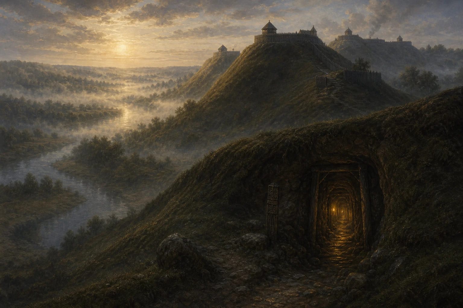 Kernavė Hillforts Legend visual interpretation with old capital, underground roads, Lizdeika motifs