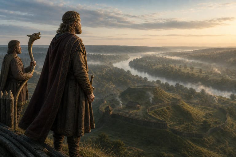 Legendary Kernius looks over Kernavė hillforts and the Neris valley
