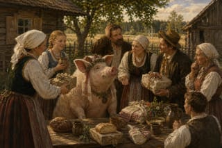 The Sow-Godmother at a village feast, surrounded by gifts and puzzled relatives