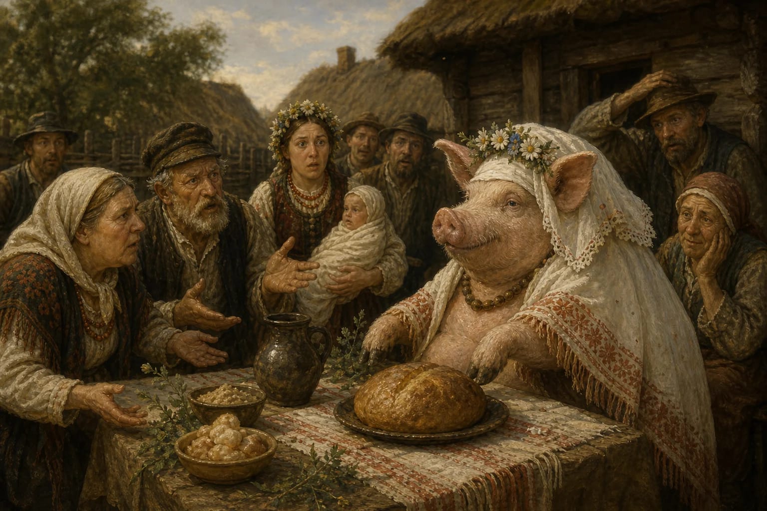 The Sow-Godmother visual interpretation with pig, godparenthood, false kinship motifs