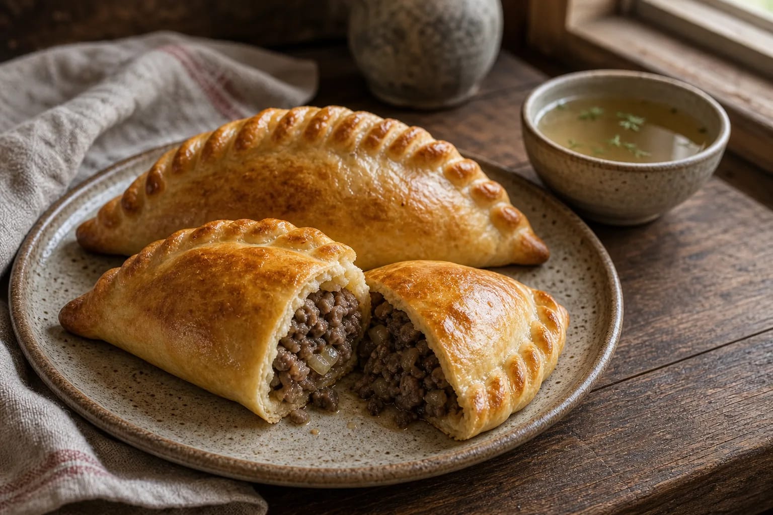 Karaim kibinai with a golden crust, chopped meat filling, and broth on the table