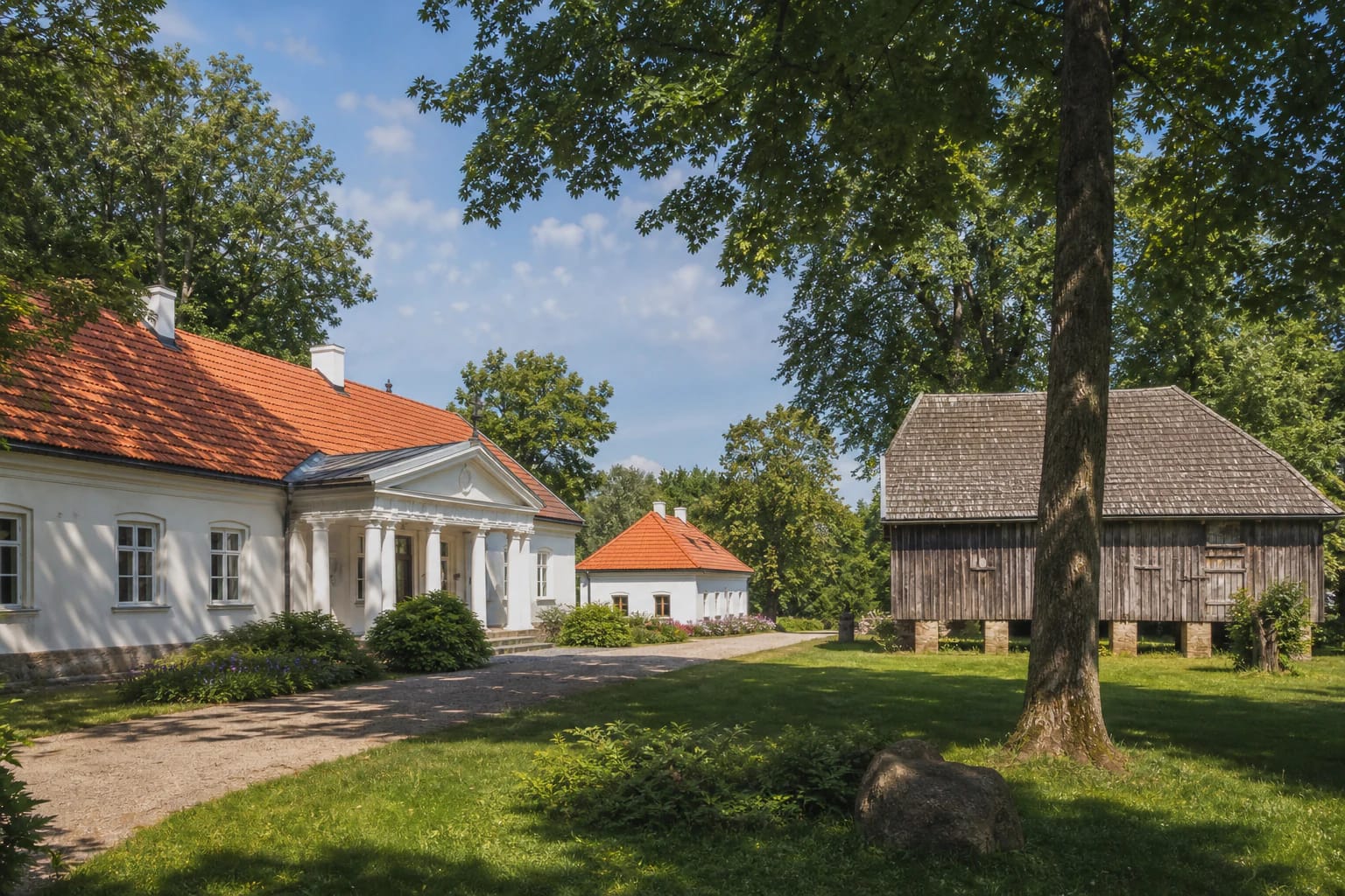 Kiduliai Manor palace and historic granary in the landscape of the left bank of the Nemunas