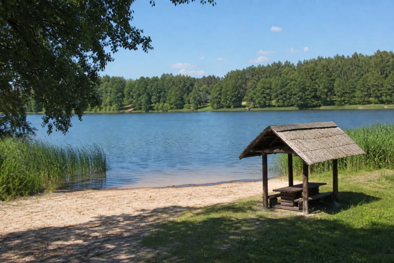 Public swimming place on Kiementas Lake with a sandy shore, reeds, and a wooden shelter