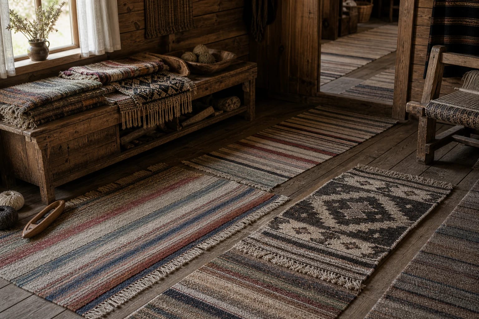 Lithuanian woven runners and small rugs on wooden floors and a bench