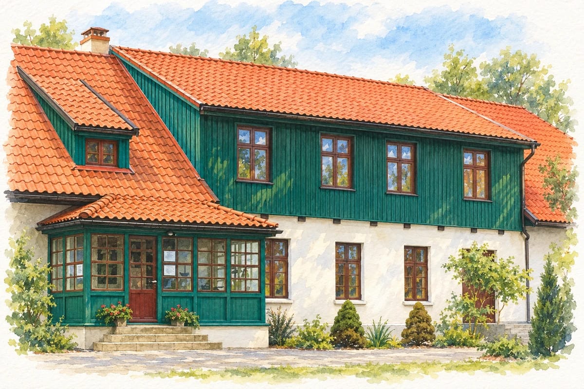 Kintų Vydūno kultūros centro fasado iliustracija: baltas tinkas, žalia medinė apdaila ir įstiklintas prieangis