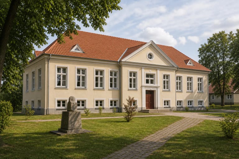 The 1705 school building of Kintai Vydūnas Cultural Centre with a light facade, red roof, and green yard