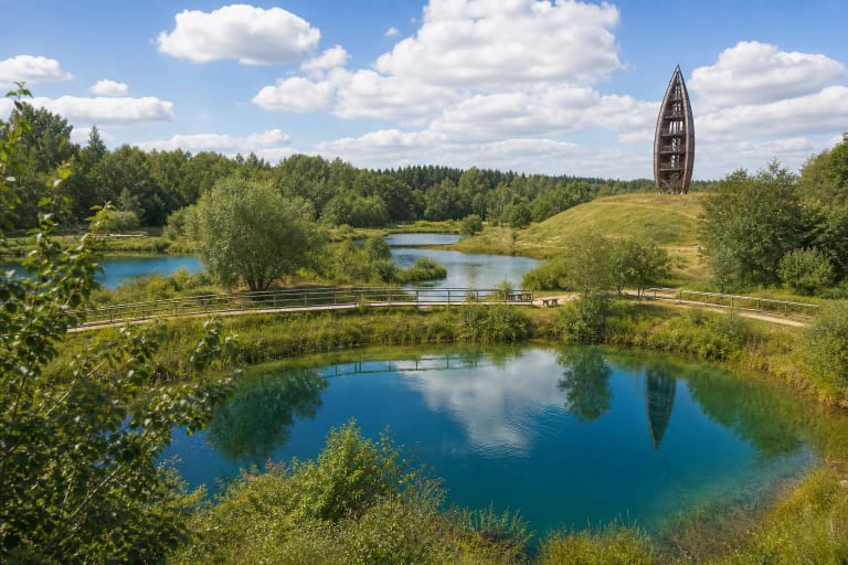 Kirkilai karst lakes with water-filled sinkholes, boardwalk, and observation tower