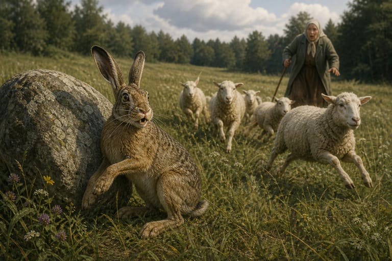 A hare jumps out before sheep near a stone in a meadow and laughs while an old shepherd woman sits in the distance
