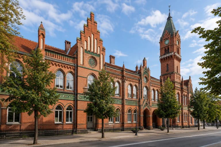 Klaipėdos centrinio pašto raudonų plytų neogotikinis fasadas su smailiaarkiais frontonais Liepų gatvėje