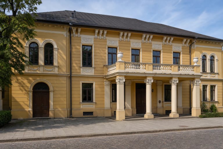 Klaipėdos Ievos Simonaitytės bibliotekos gelsvas Gerlacho rezidencijos fasadas su kolonų portiku