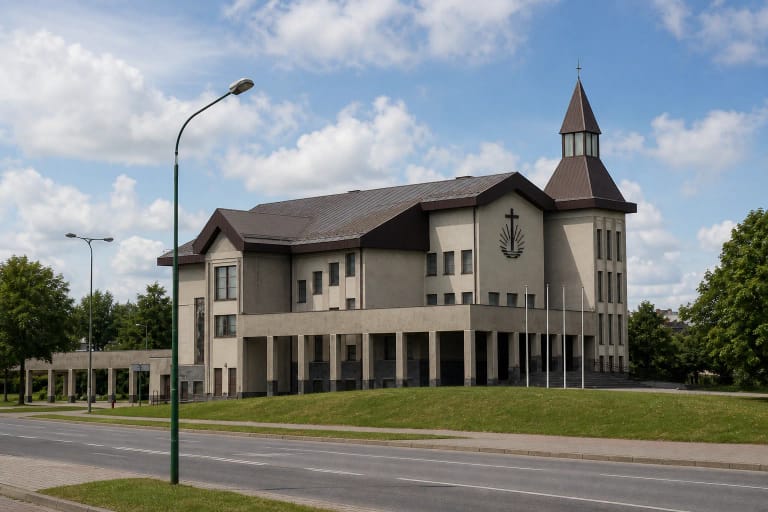 Moderni pilka Klaipėdos Naujoji apaštalų bažnyčia su tamsiais šlaitiniais stogais, aukštu bokštu ir dengta kolonada