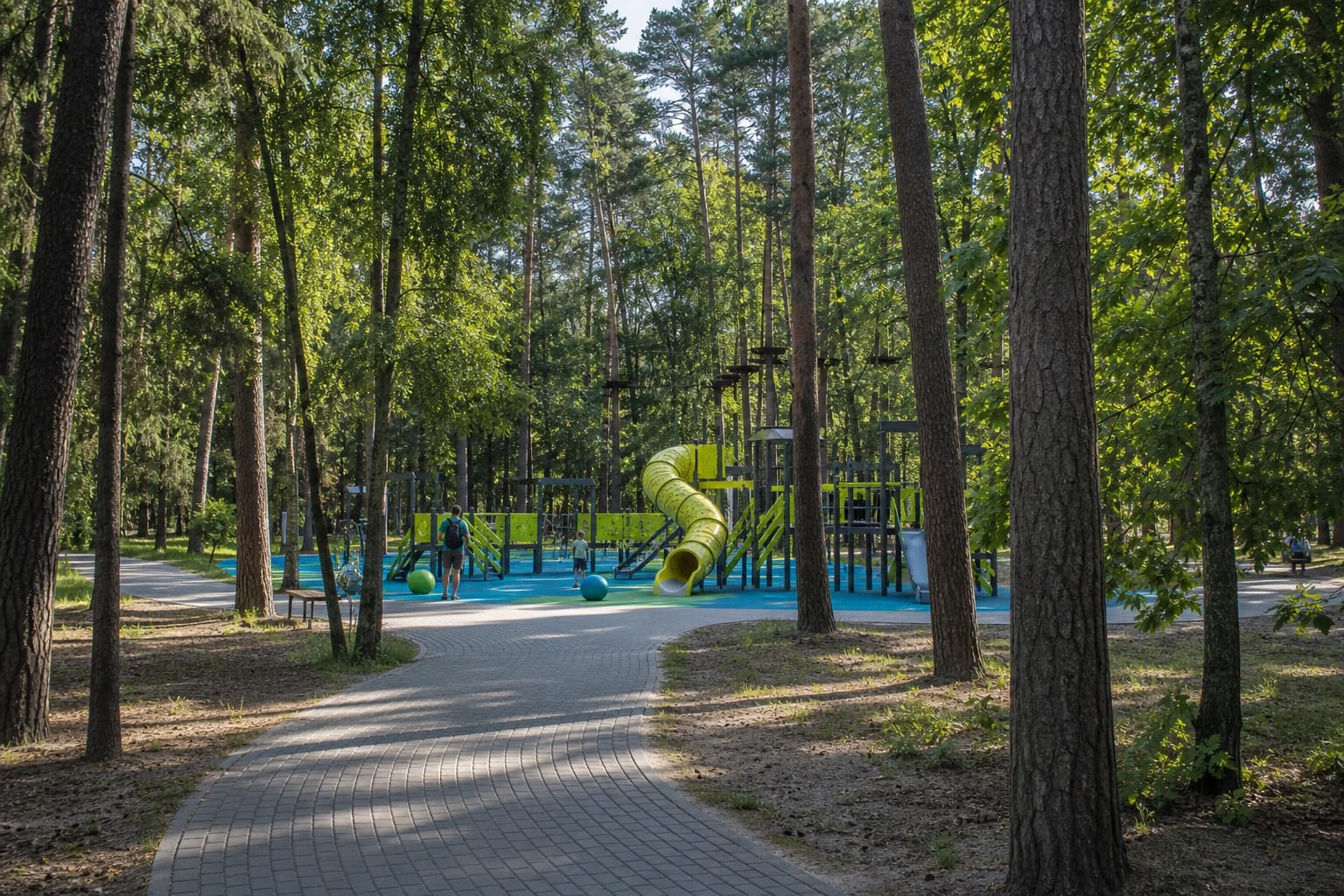 Klaipėdos poilsio parko pušynas, vingiuotas takas ir mėlynai žalia vaikų žaidimų aikštelė