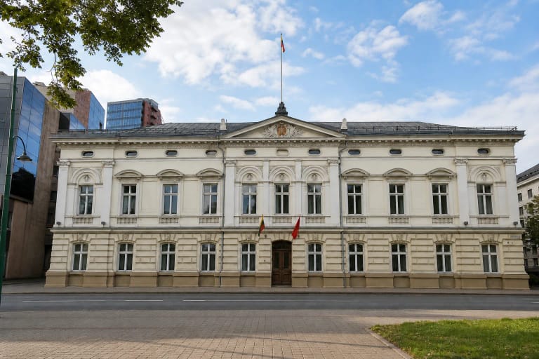 Šviesus neorenesansinis Klaipėdos rotušės fasadas su rustuotu pirmuoju aukštu, centriniu frontonu ir vėliavomis Danės gatvėje