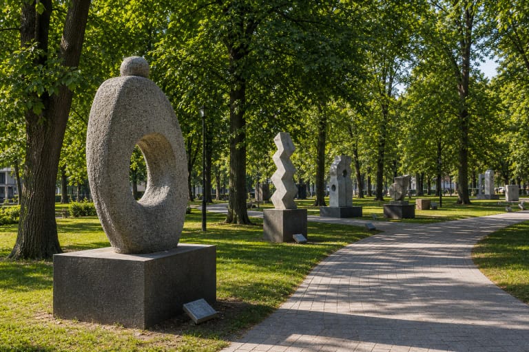 Klaipėdos skulptūrų parko modernistinės granito skulptūros tarp brandžių medžių ir takų