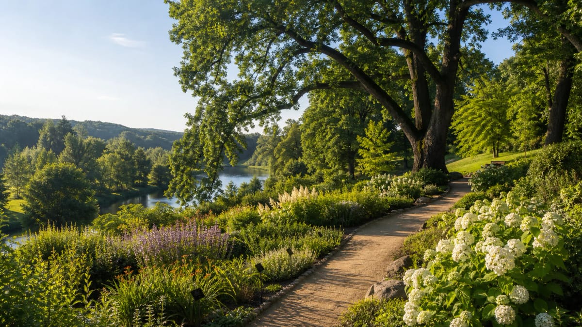 Path in Klaipėda University Botanical Garden in the Danė River valley with flowering collections, old trees, and calm water scenery