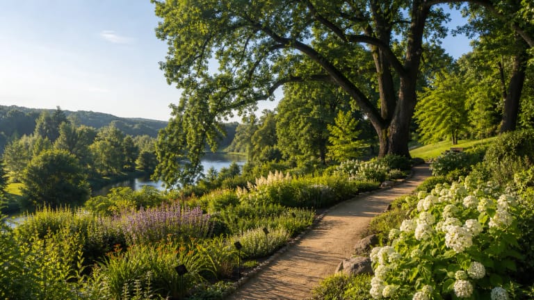 Path in Klaipėda University Botanical Garden in the Danė River valley with flowering collections, old trees, and calm water scenery