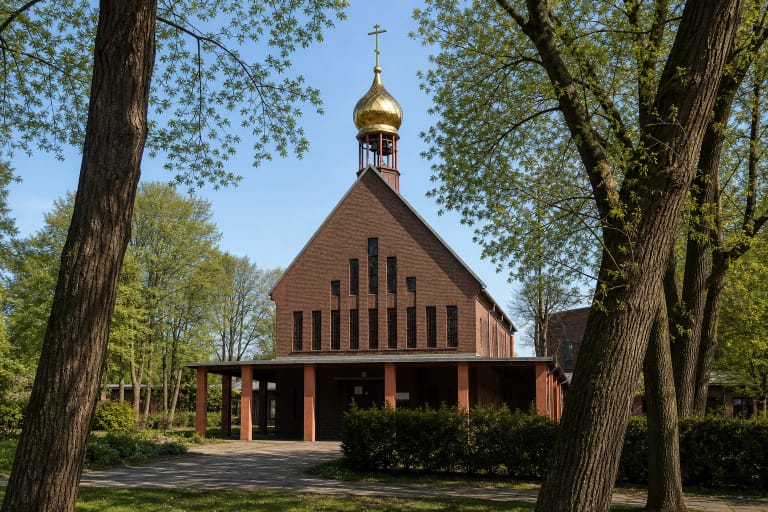Klinkerinių plytų Klaipėdos Visų Rusijos Šventųjų cerkvė su stačiu stogu, siaurais langais ir mažu auksiniu kupolu tarp parko medžių
